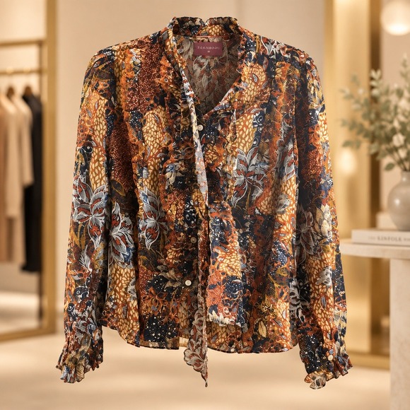 JJ's Fairyland Tops - JJs Fairyland Womens Boho Floral Ruffle Lace Trim Blouse Rust Navy Blue SMALL